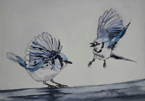 Watercolour and pen and ink, bluetits.